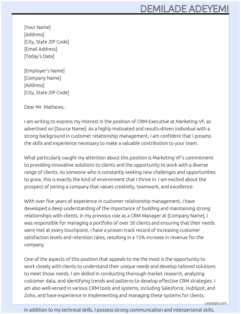 CRM Executive At Marketing VF Cover Letter