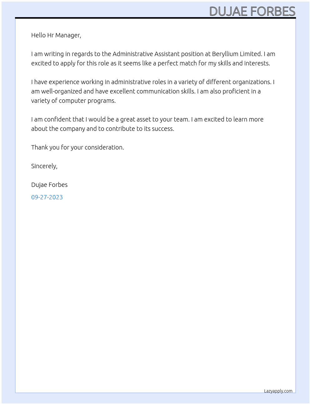 Administrative Assistant At Beryllium Limited Cover Letter