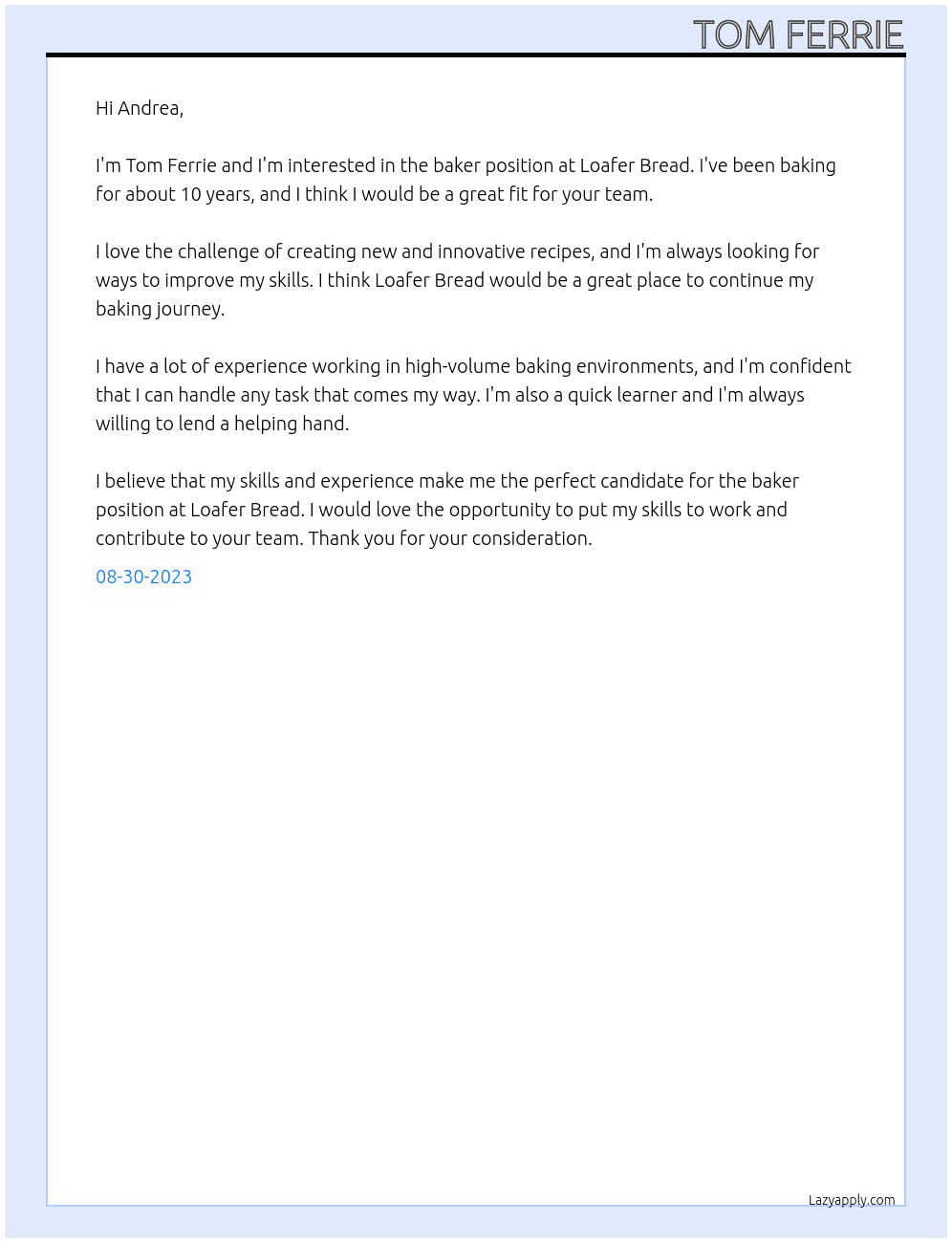Baker At Loafer Bread Cover Letter