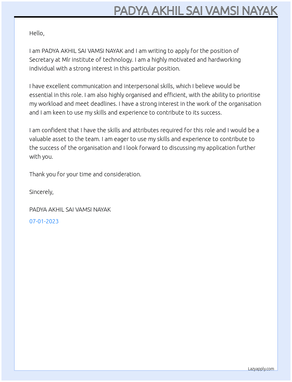 Revoke hostel suspension  At Mlr institute of technology  Cover Letter