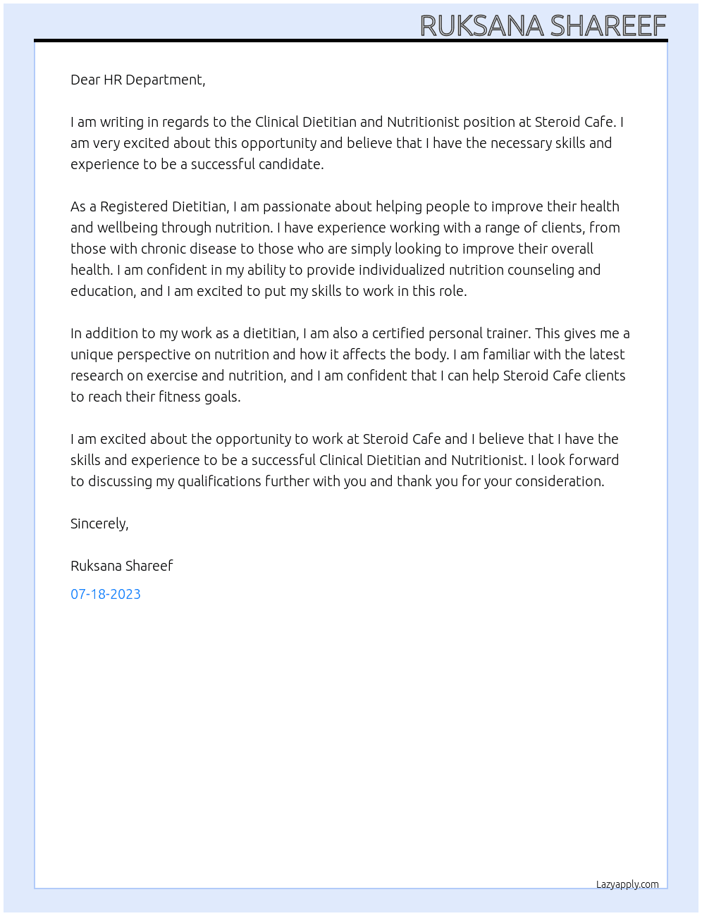 Clinical Dietitian and Nutritionist At Steroid Cafe Cover Letter