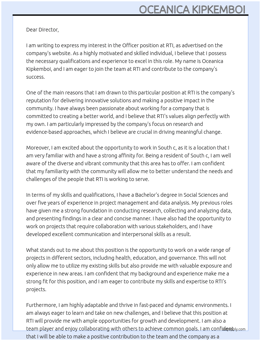 Officer At RTI Cover Letter