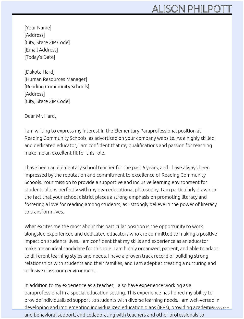 Elementary Paraprofessional At Reading Community Schools Cover Letter