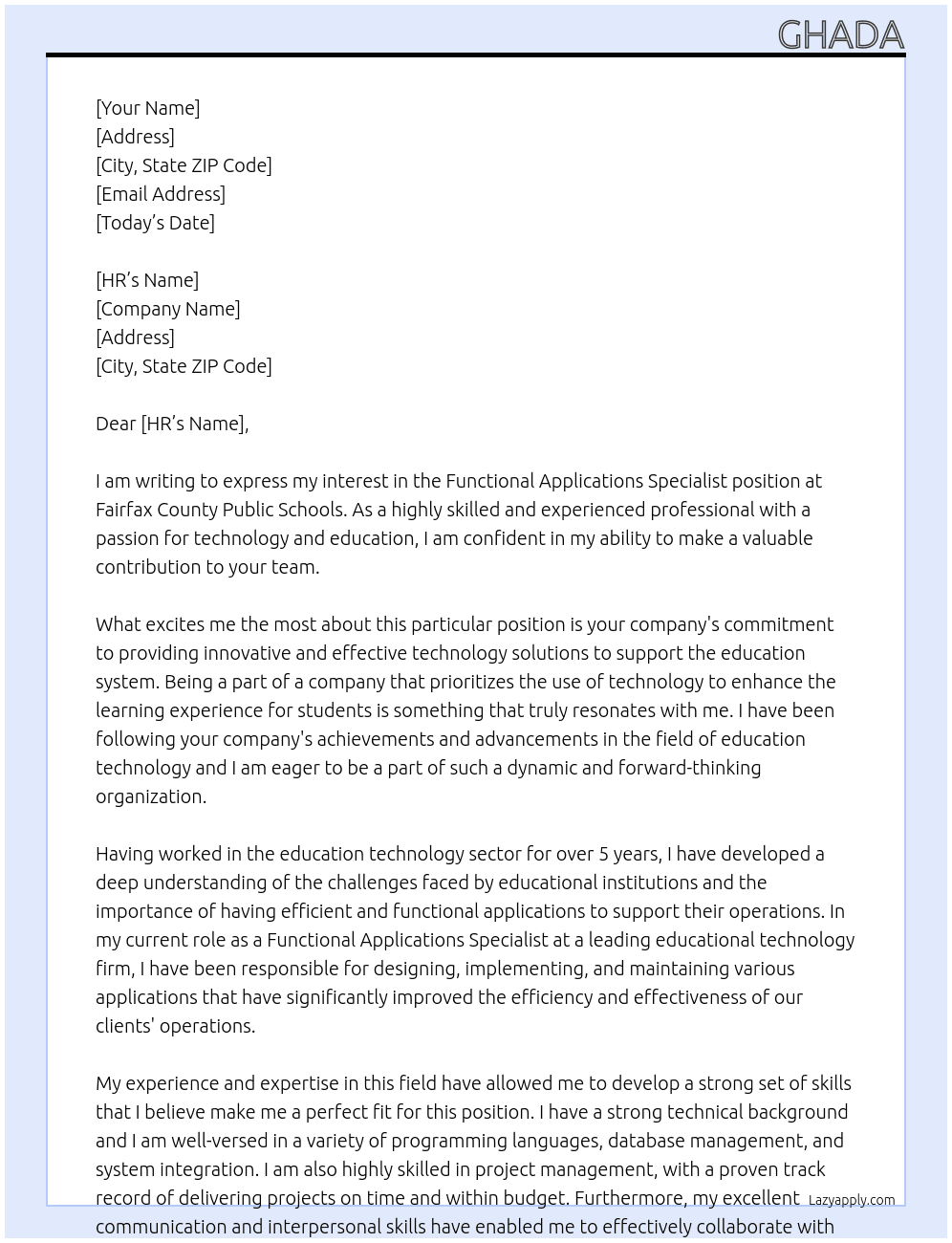 Functional Applications Specialist At Fairfax County Public Schools Cover Letter
