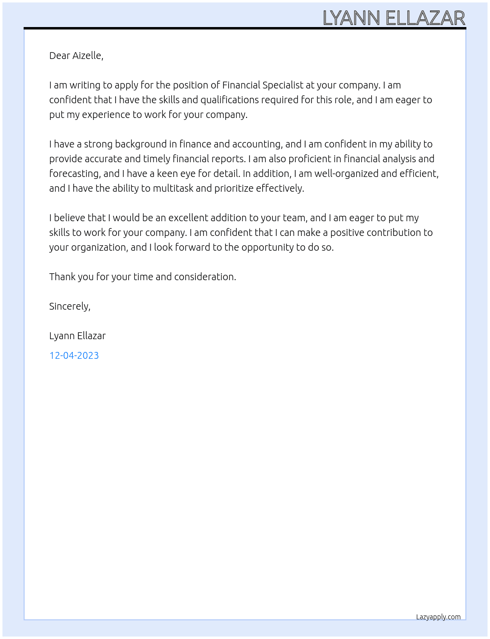 Financial Specialist At Aizelle Cover Letter