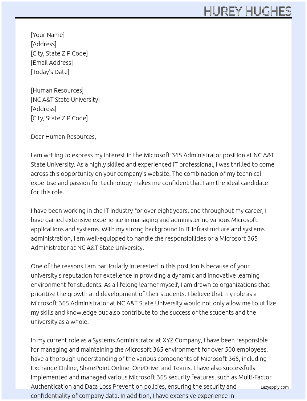 Microsoft 365 Administrator At NC A&T State University Cover Letter