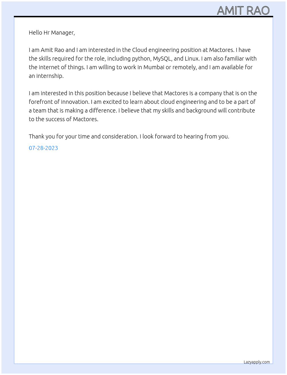 Cloud engineering  At Mactores Cover Letter
