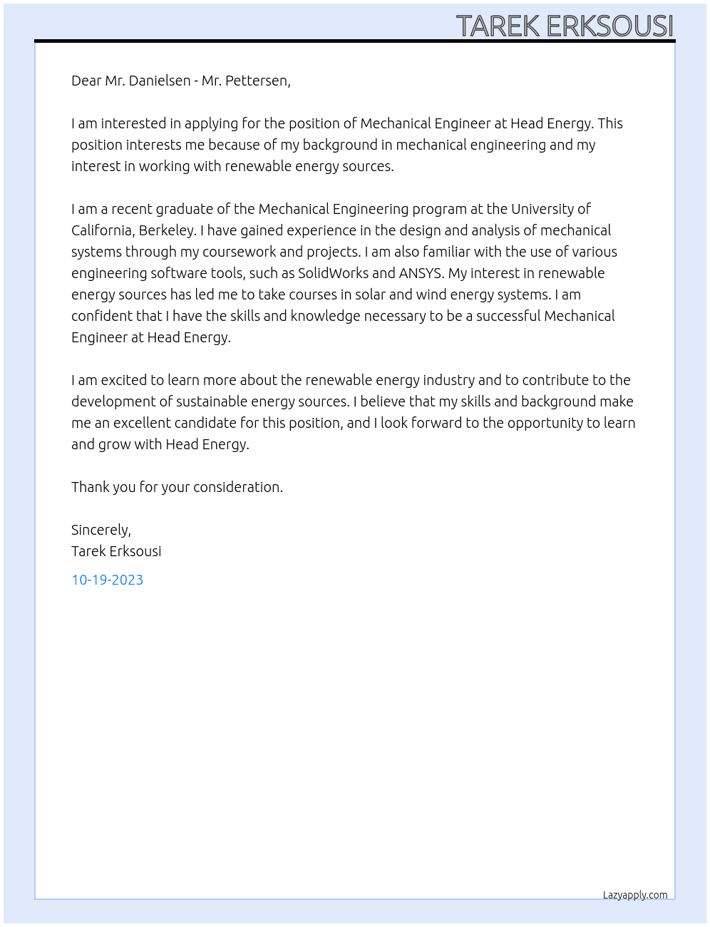 Mechanical Engineer  At Head Energy  Cover Letter