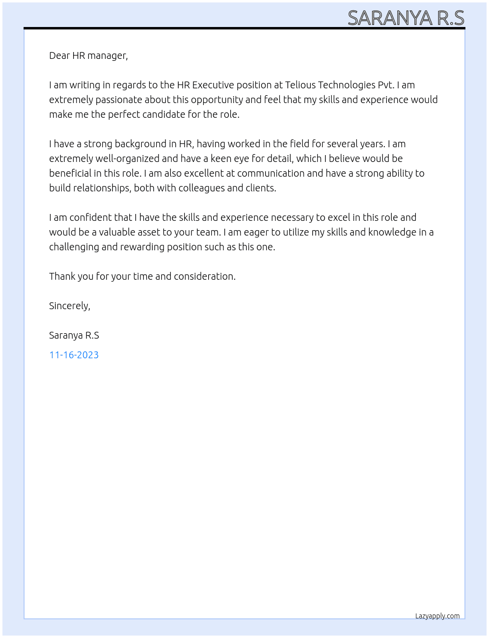 HR Executive  At Telious Technologies Pvt Cover Letter