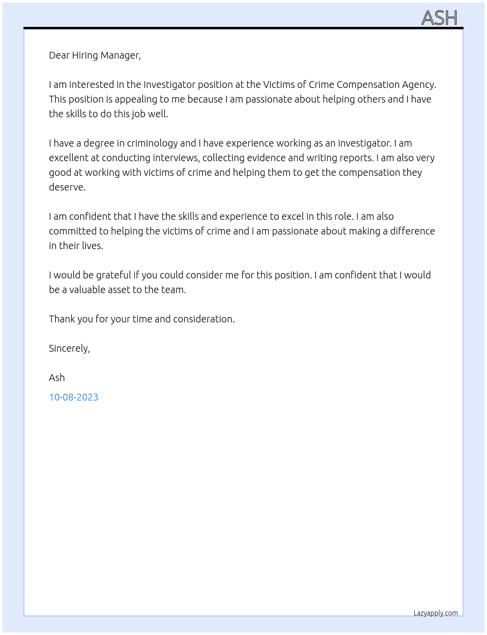 Investigator  At Victims of crime compensation agency  Cover Letter