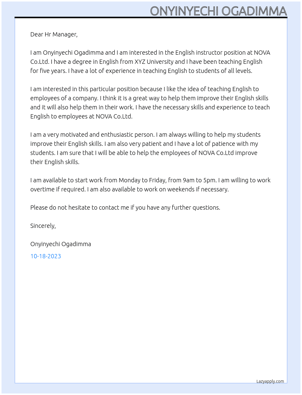 English instructor At NOVA Co.Ltd Cover Letter