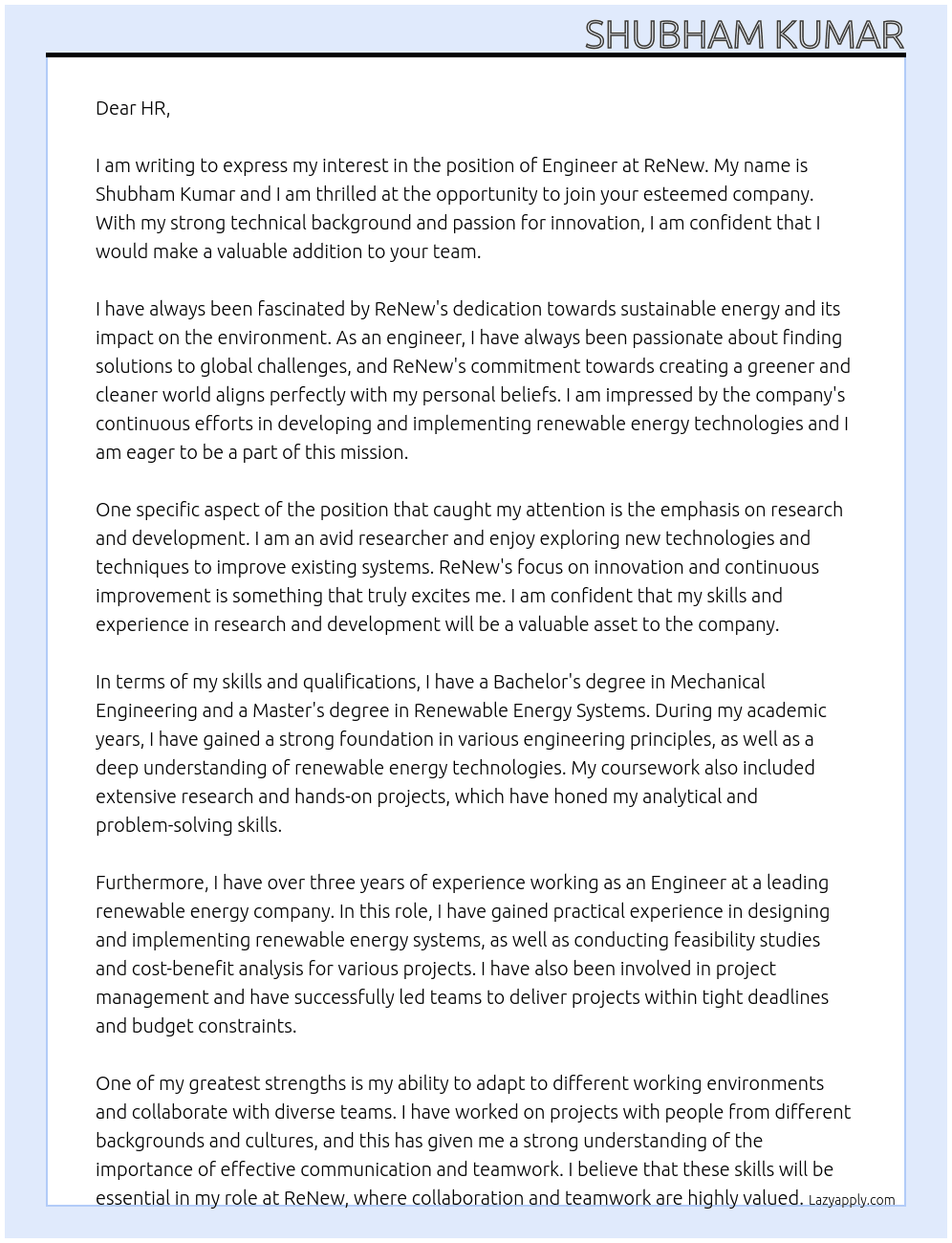 ENGINEER At ReNew Cover Letter