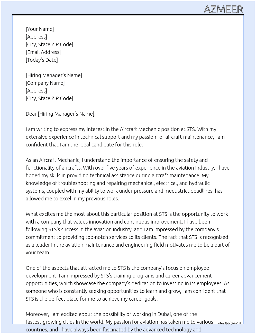 Aircraft Mechanic At STS Cover Letter