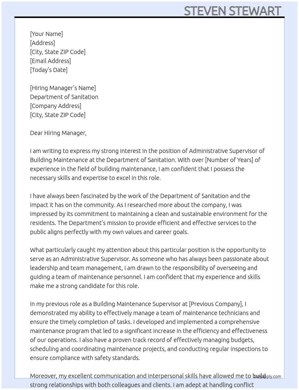 Administrative Supervisor of Building Maintenance At Department of Sanitation  Cover Letter