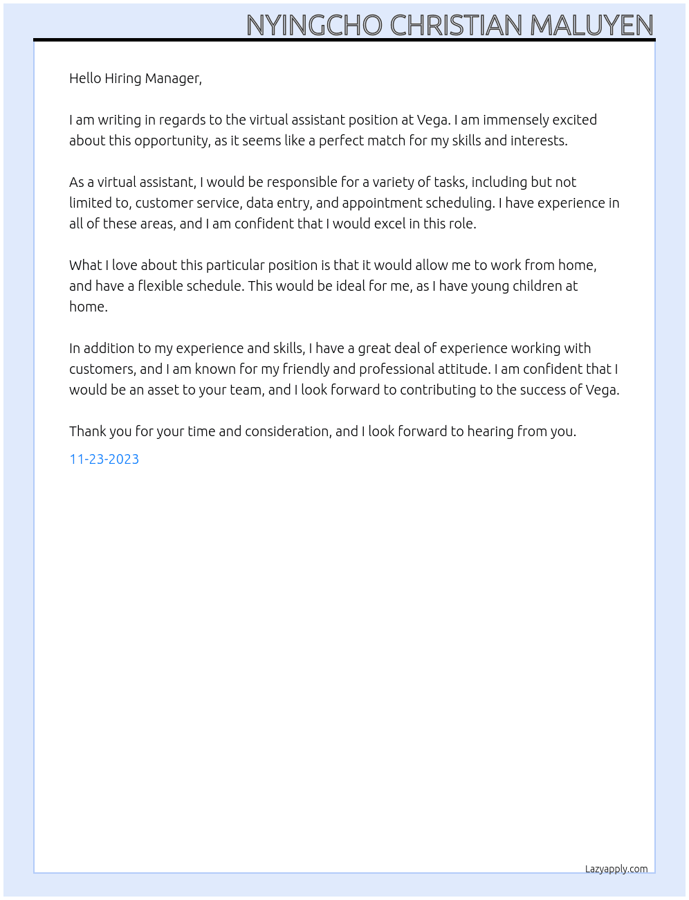 Virtual assistant At vega Cover Letter