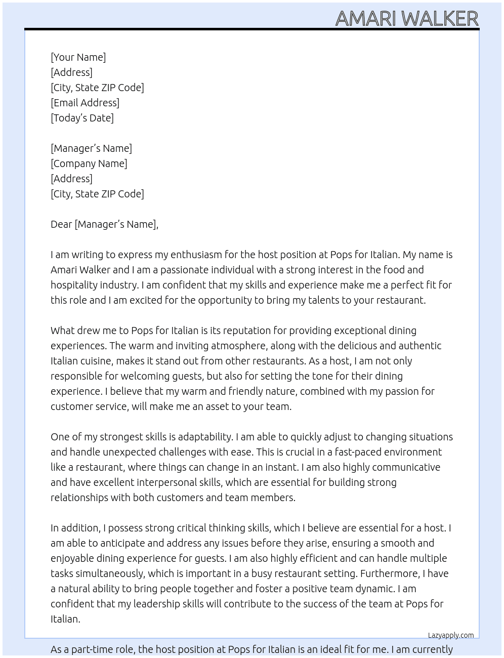 host At Pops for Italian   Cover Letter