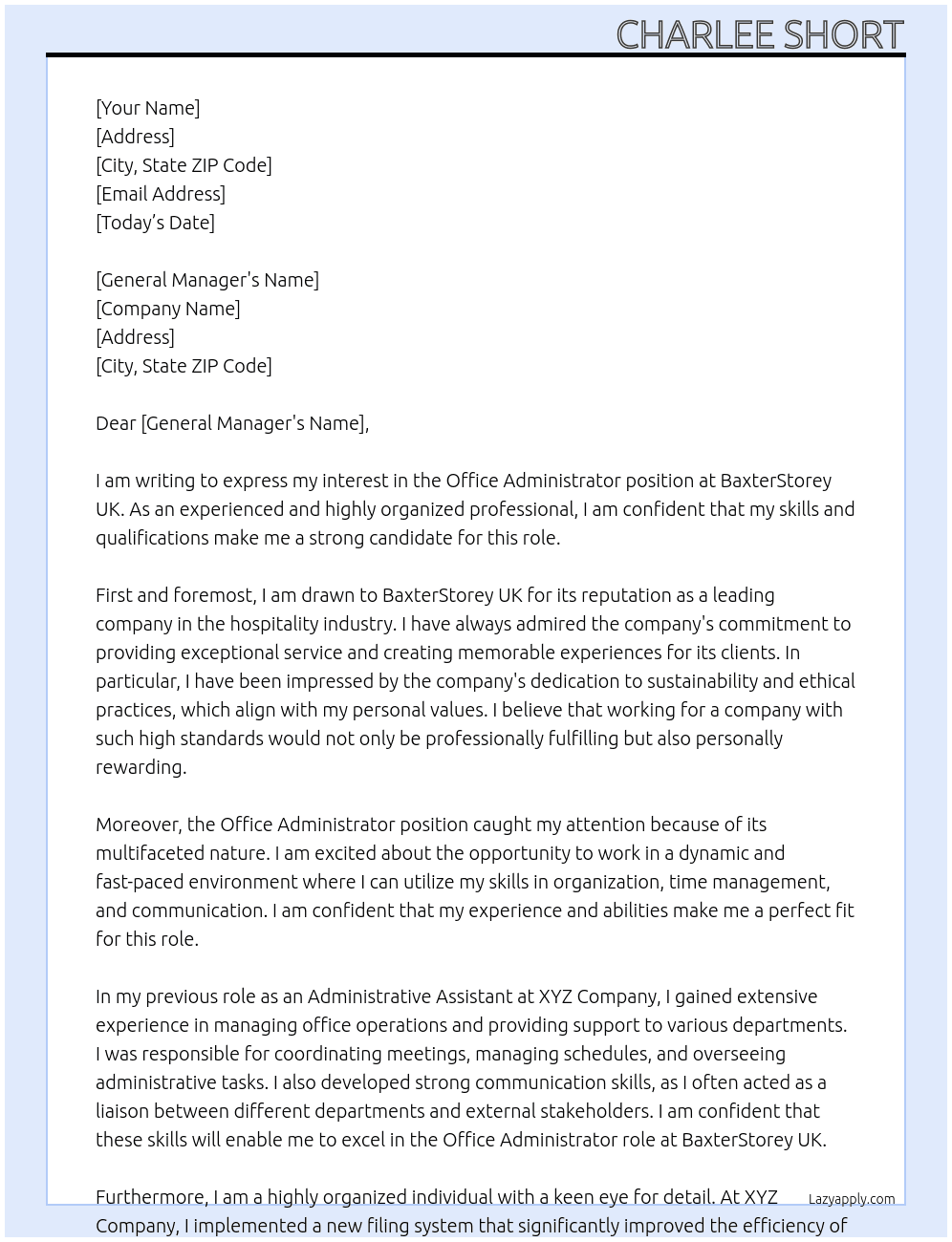 Office Administrator At BaxterStorey UK Cover Letter