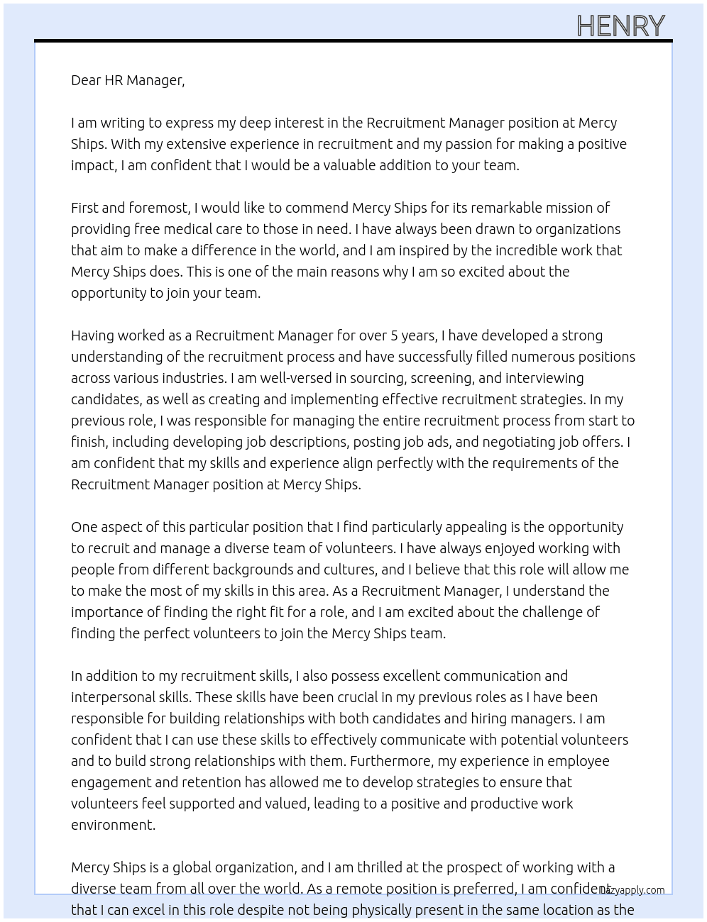 Recruitment Manager At Mercy Ships  Cover Letter