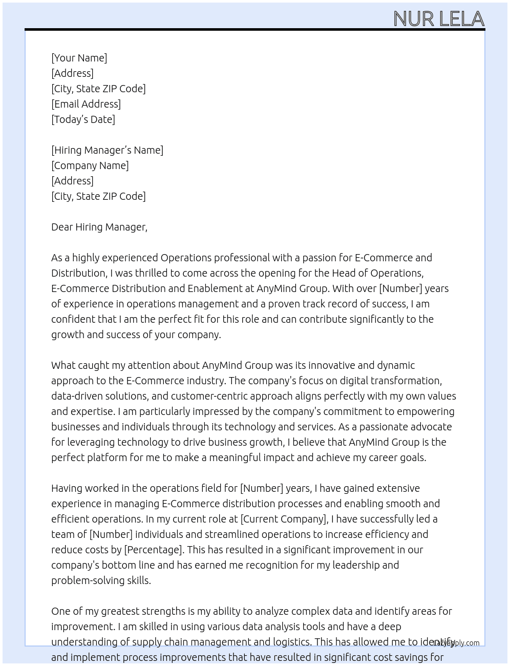 Head of Operations, E-Commerce Distribution and Enablement At AnyMind Group Cover Letter