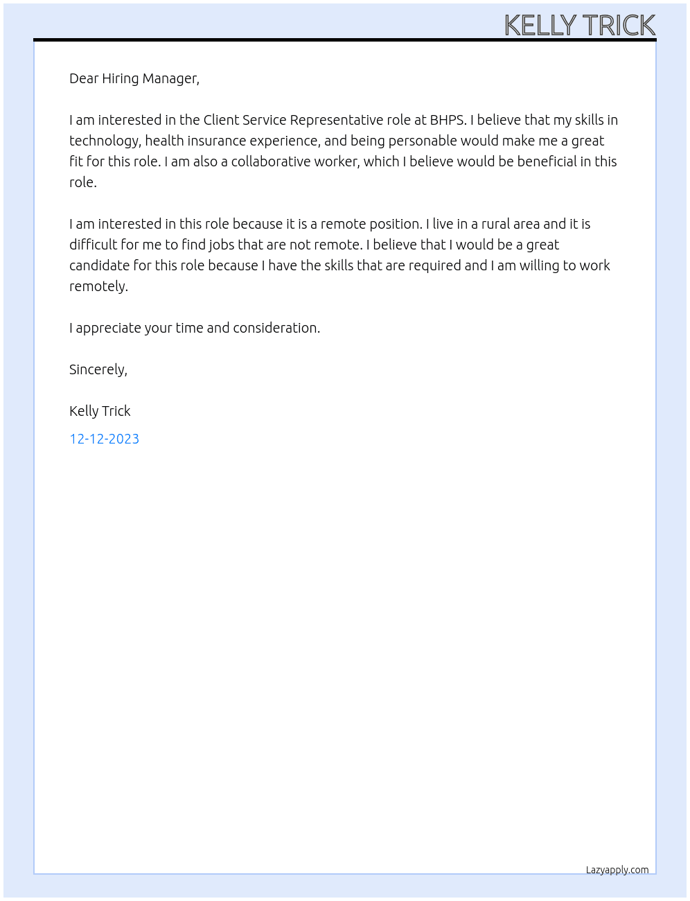 Client Service Representative At BHPS Cover Letter