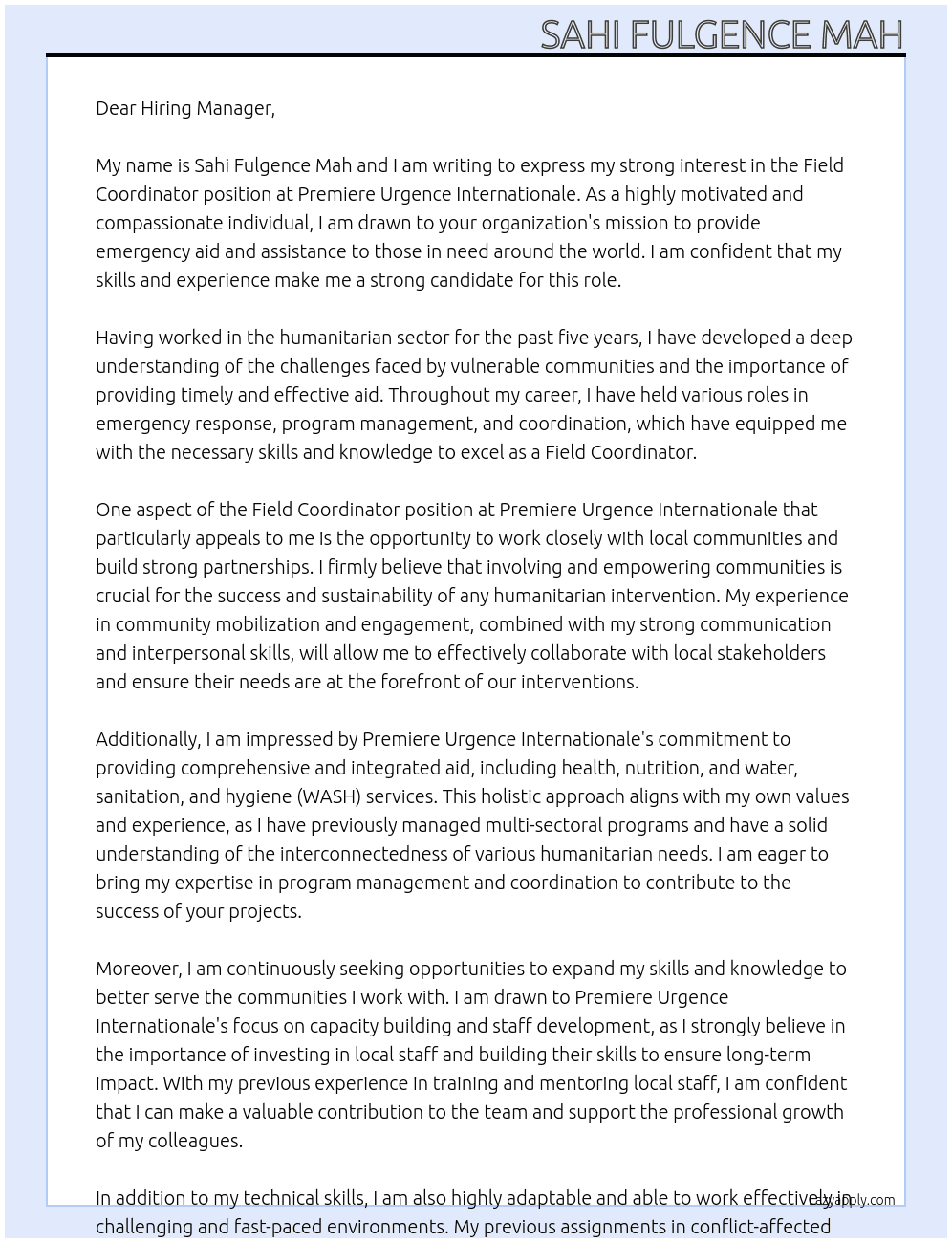 Field Coordinator At PREMIERE URGENCE INTERNATIONALE Cover Letter