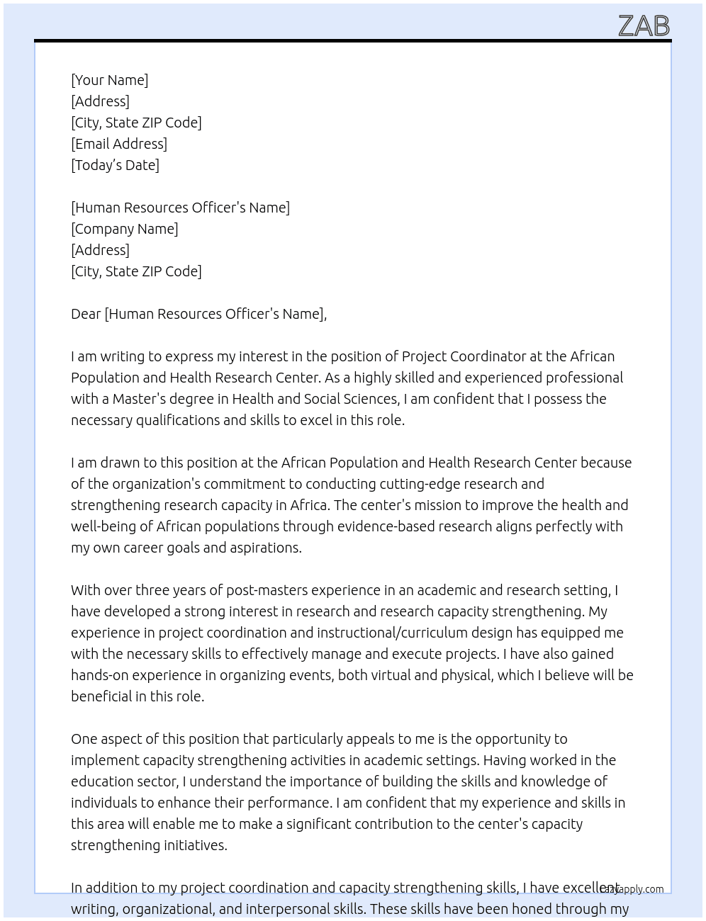 PROJECT COORDINATOR At African Population and Health Research Center Cover Letter