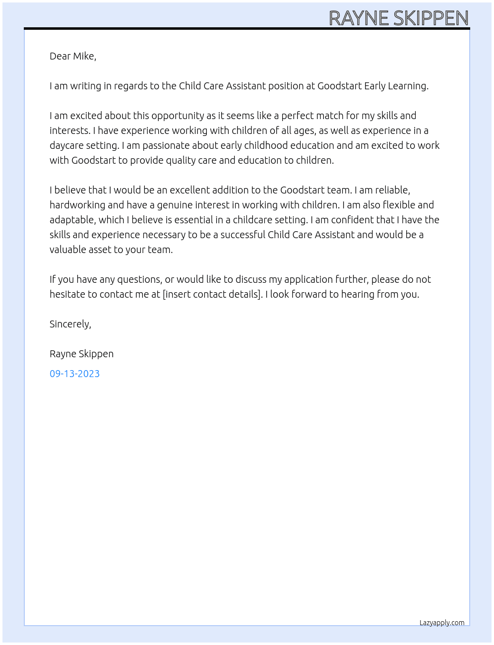 Child Care Assistant At Goodstart Early Learning Cover Letter