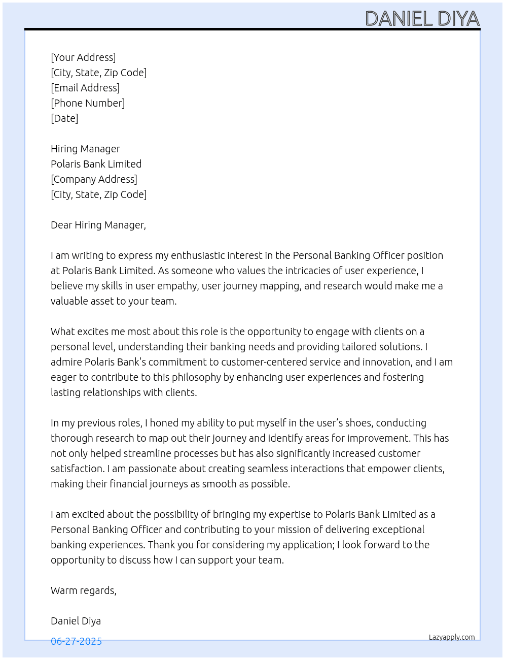 Personal Banking Officer At Polaris Bank Limited Cover Letter