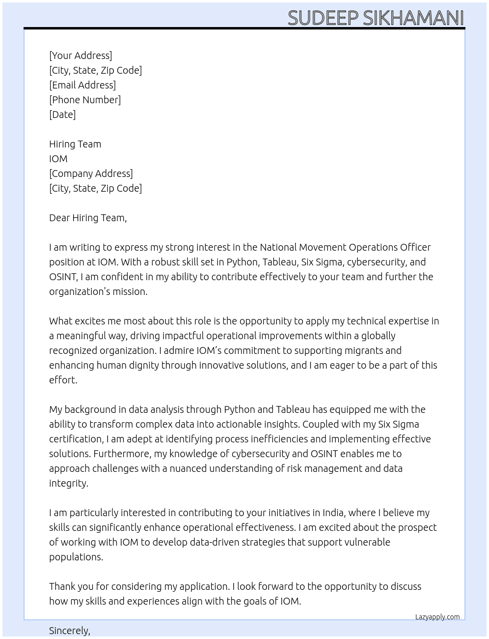National Movement Operations Officer At IOM  Cover Letter