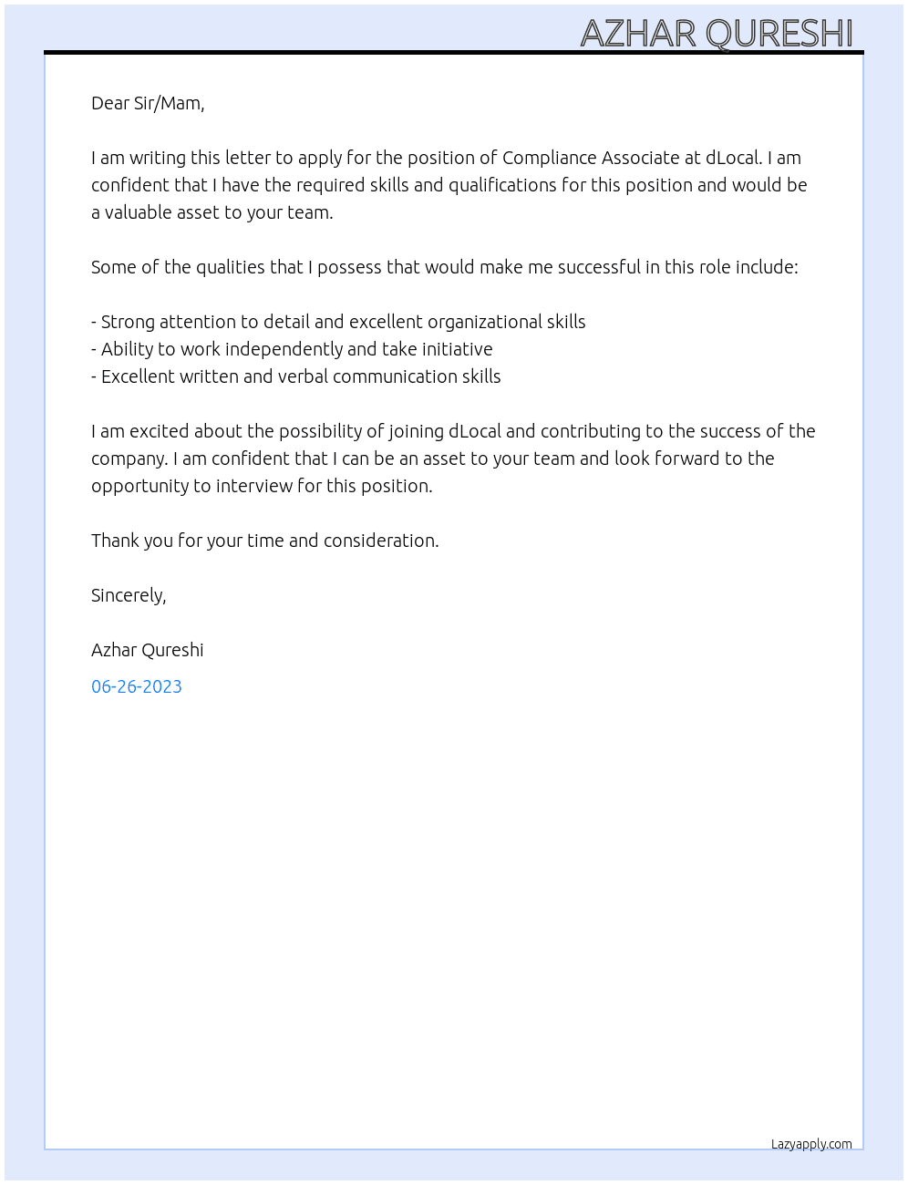 Compliance Associate  At dLocal Cover Letter