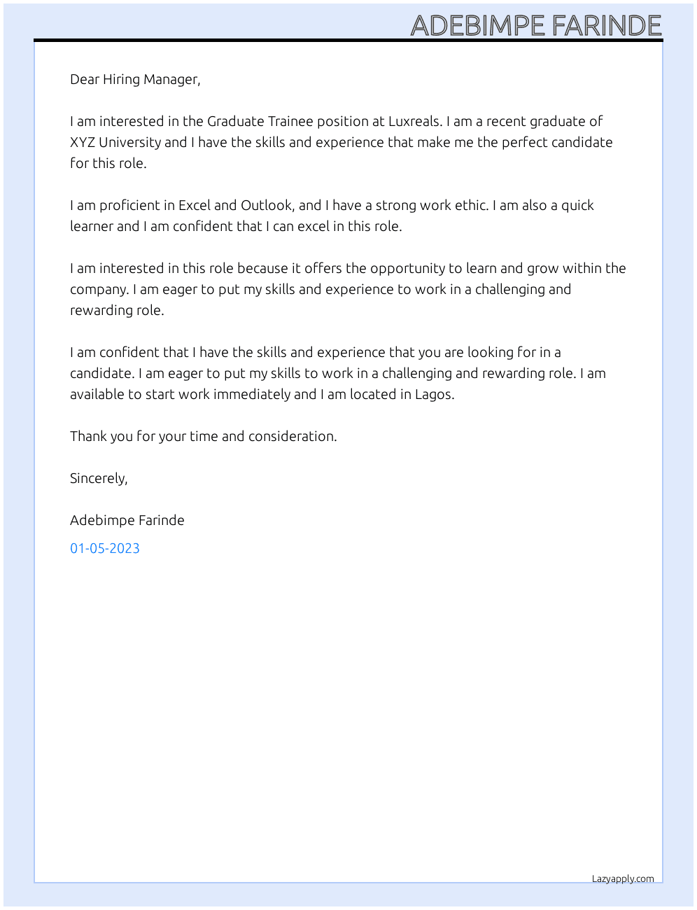 Graduate Trainee  At Luxreals Cover Letter