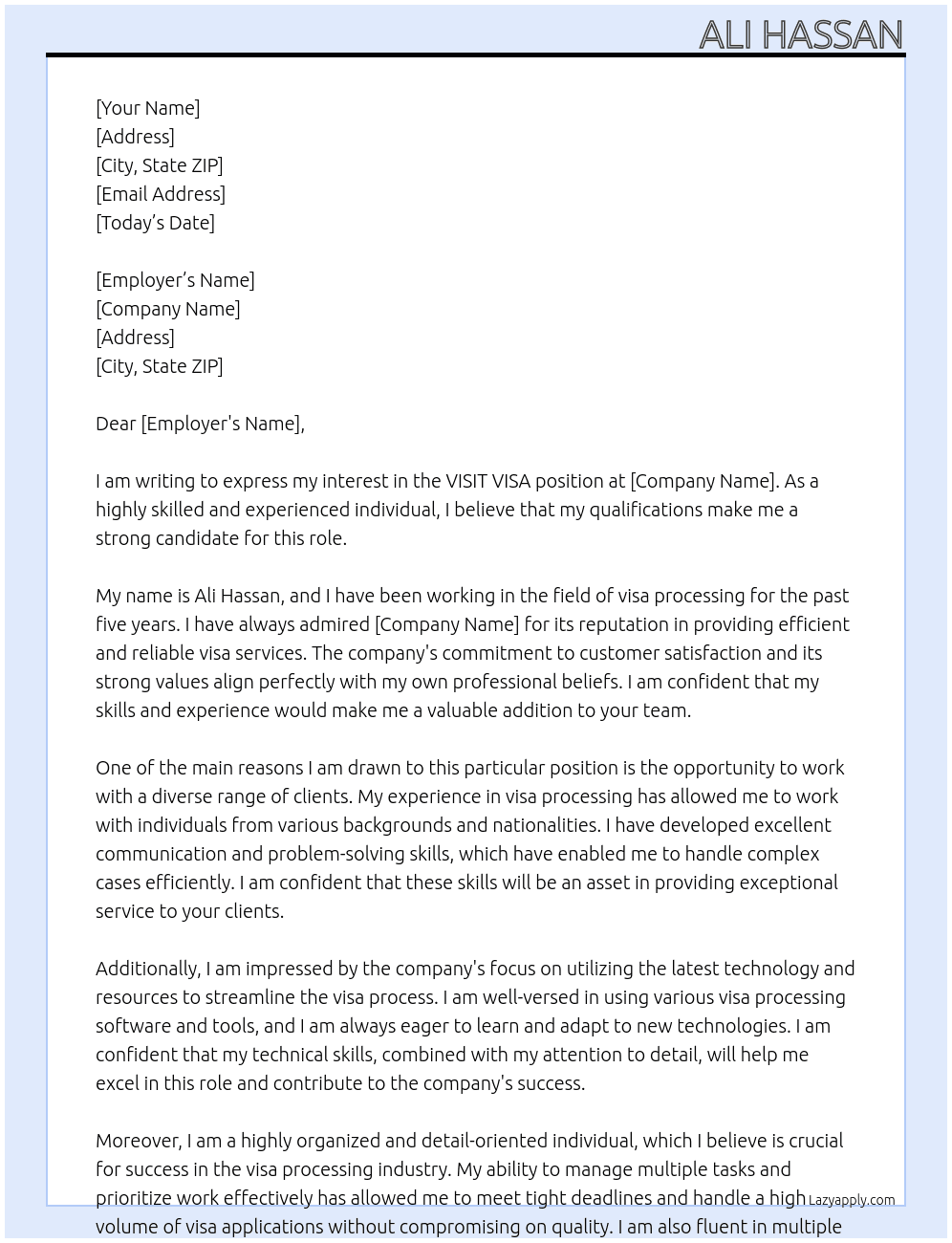VISIT VISA At VISIT VISA Cover Letter