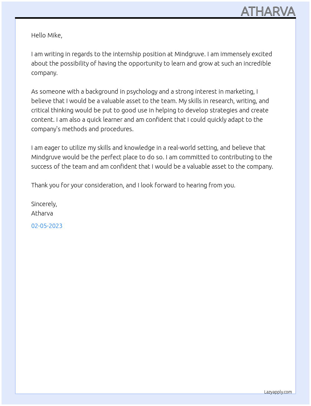 Internship At Mindgruve Cover Letter