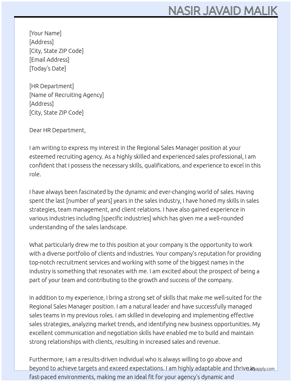 Regional Sales Manager At Recruiting Agency Cover Letter