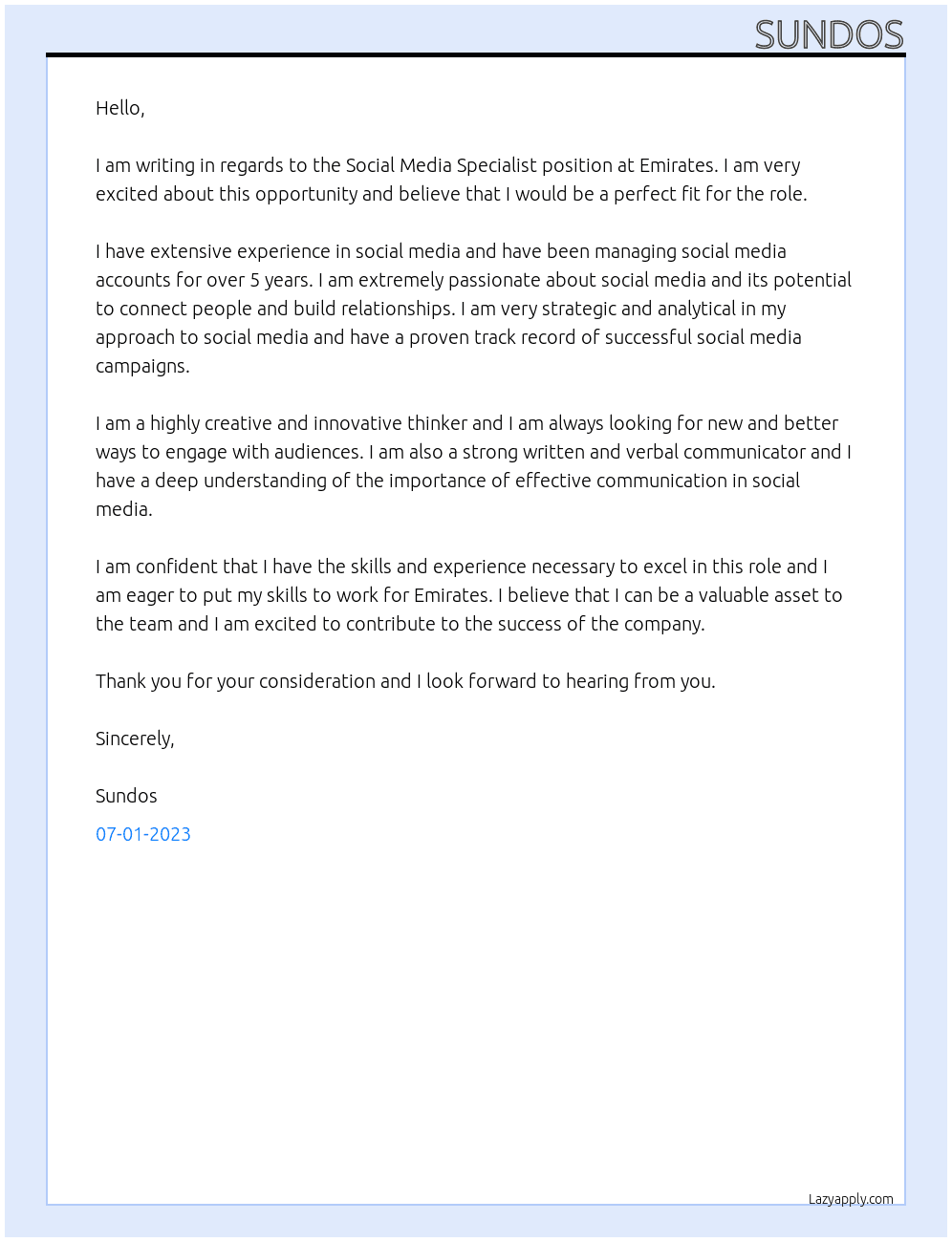 Social Media Specialist At Emirates Cover Letter