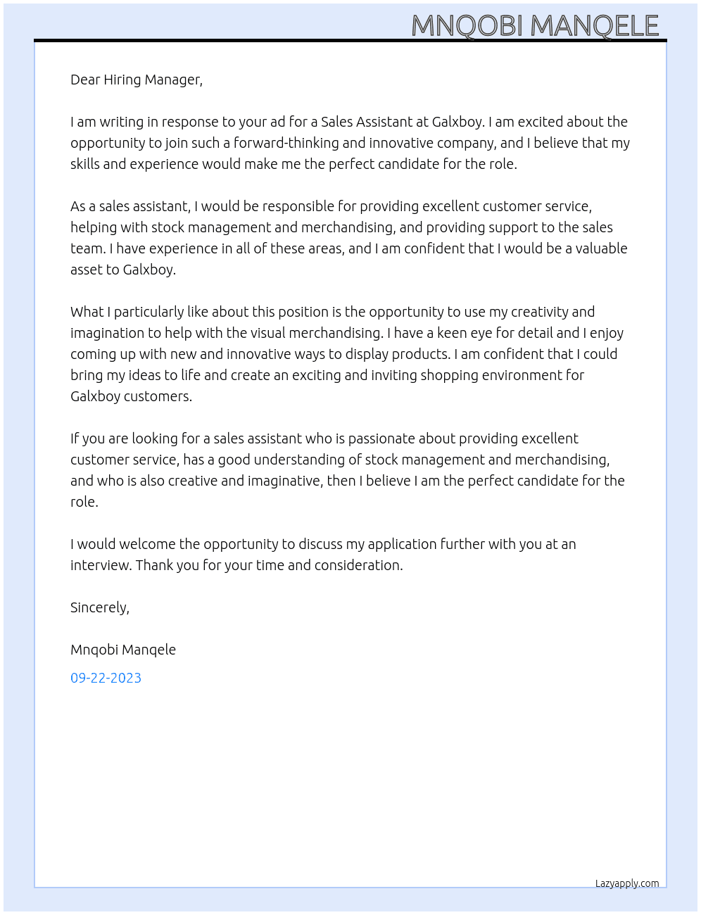 Sales assistant  At Galxboy Cover Letter