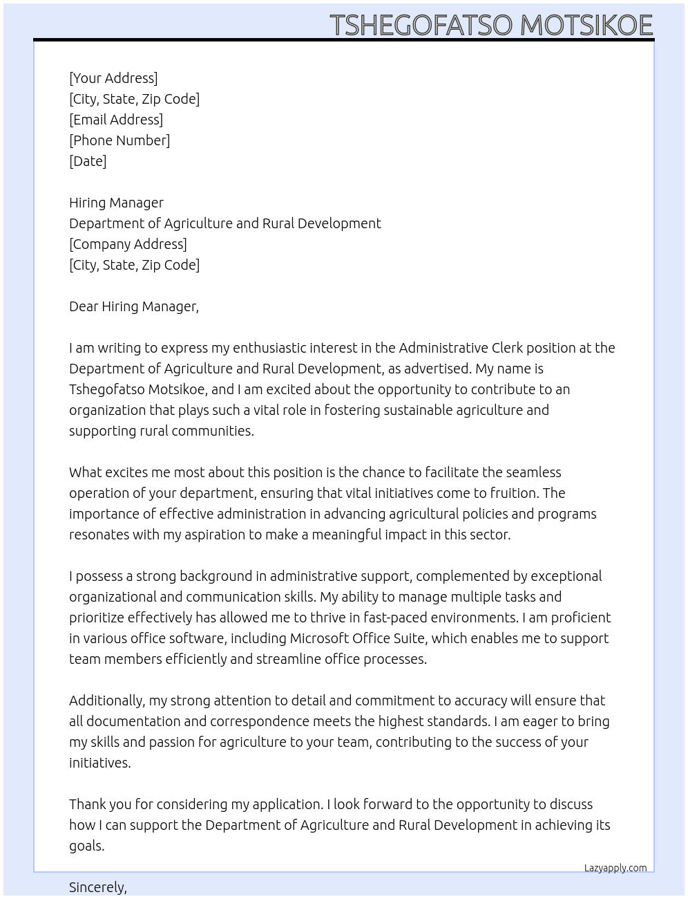 Administrative Clerk  At Department of Agriculture and Rural Development Cover Letter