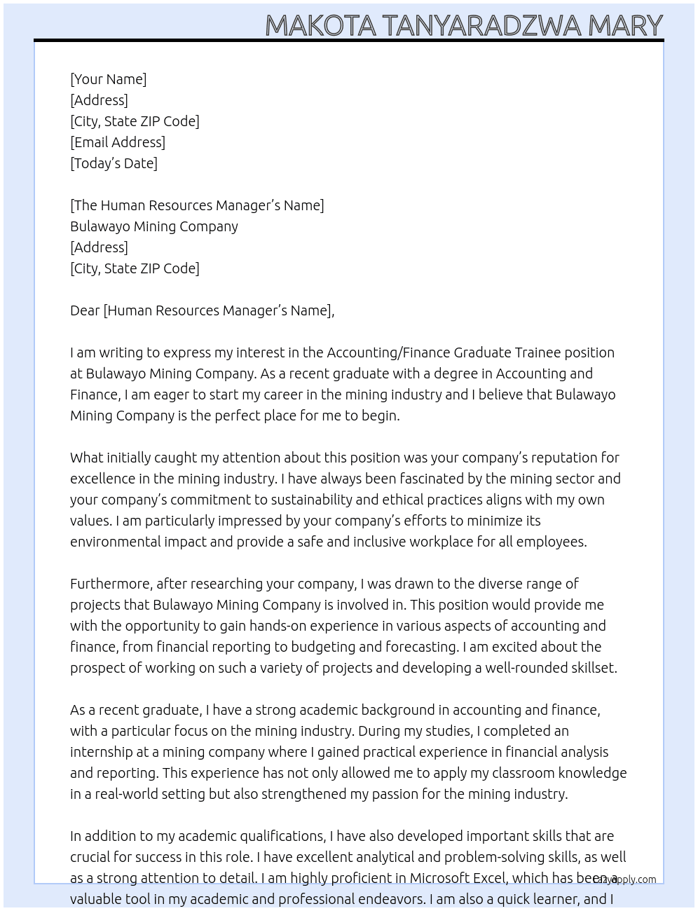 Accounting/Finance Graduate Trainee At Bulawayo Mining Company  Cover Letter