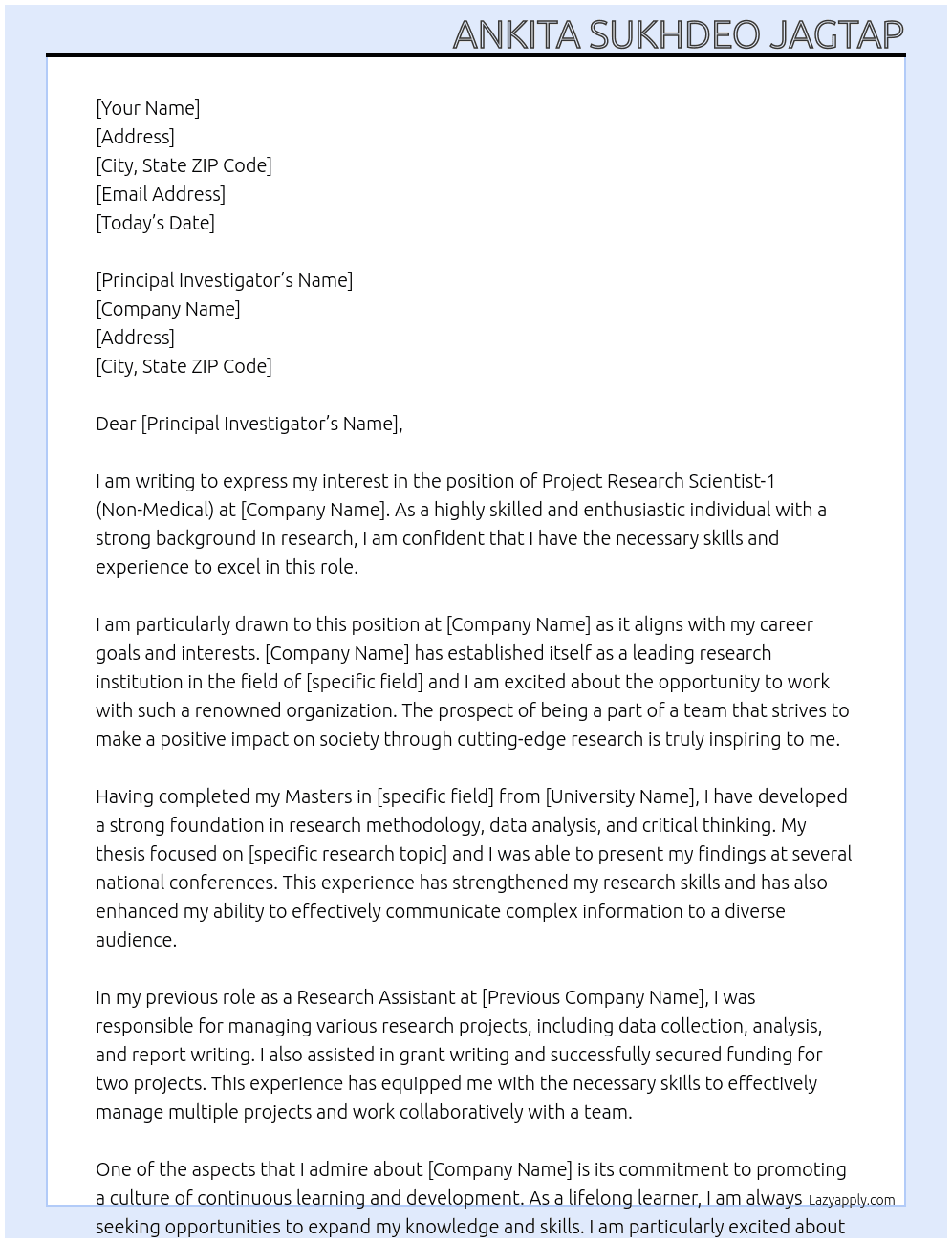Project research scientist-1( non-medical) At ICMR Cover Letter