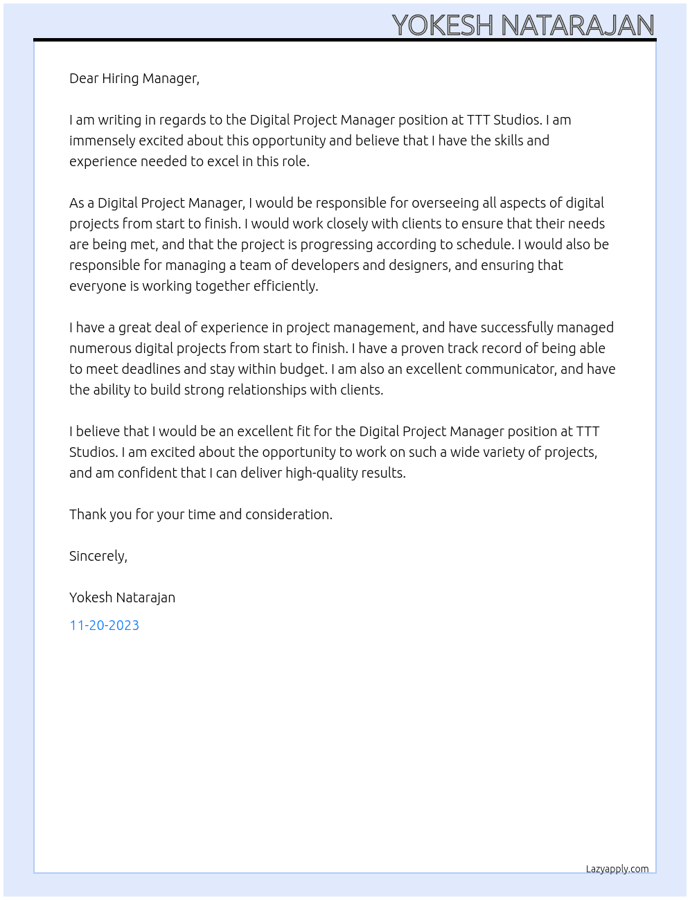 Digital Project Manager At TTT Studios Cover Letter