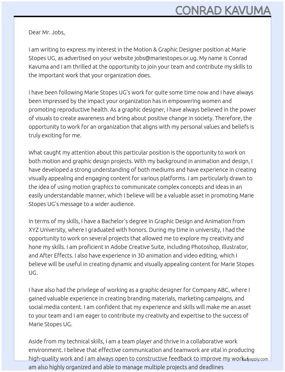 Motion & Graphic designer At Marie Stopes UG Cover Letter