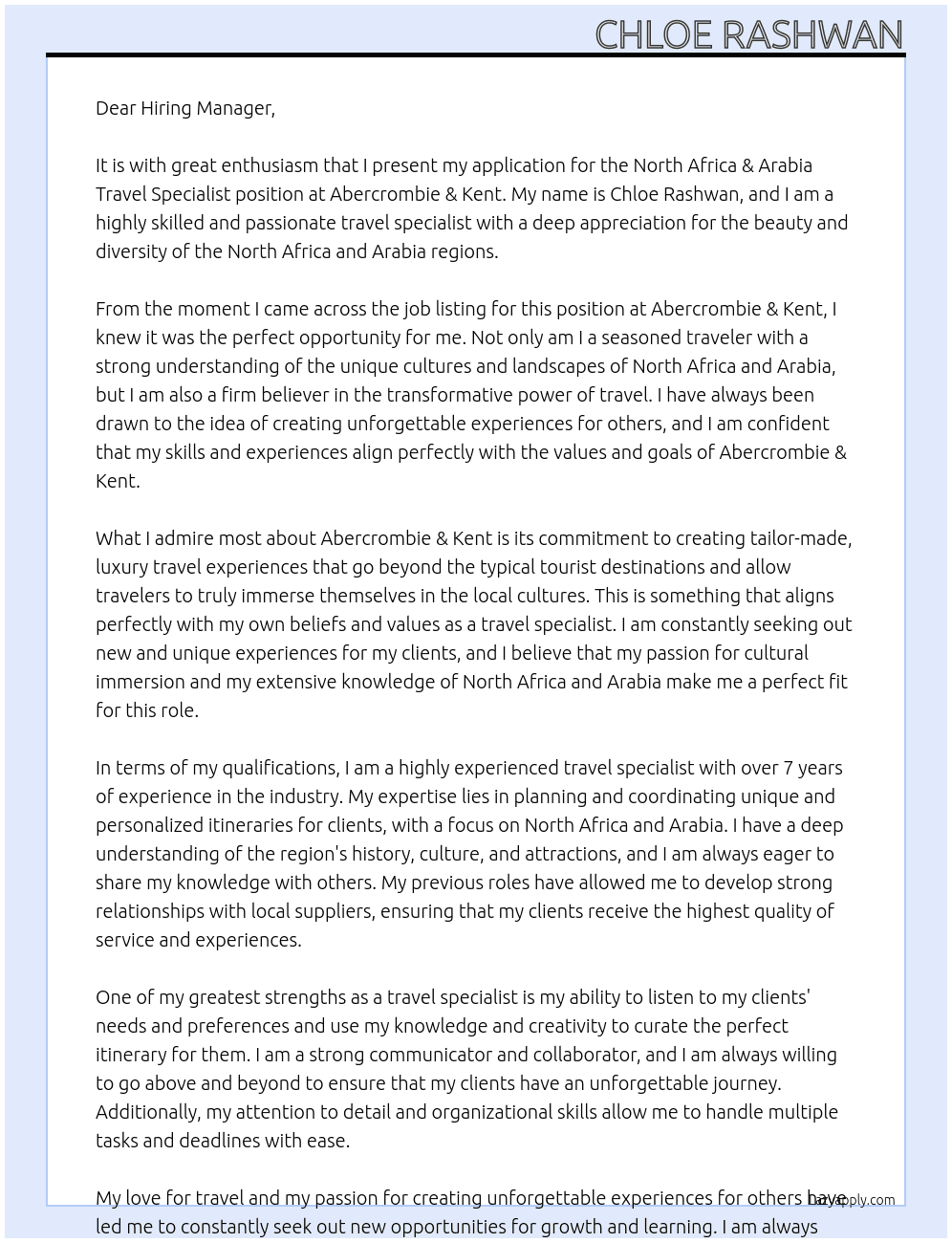 North Africa & Arabia Travel Specialist At Abercrombie & Kent Cover Letter