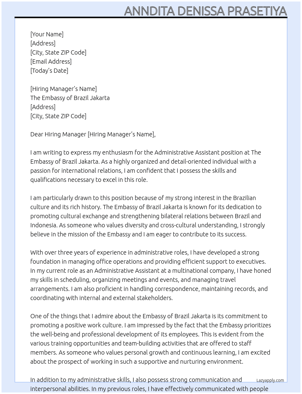 administrative asistant  At the embassy of brazil jakarta  Cover Letter