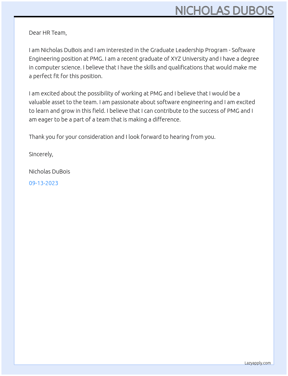 Graduate Leadership Program - Software Engineering At PMG Cover Letter