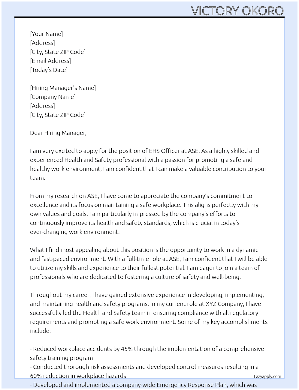 EHS officer At ASE Cover Letter