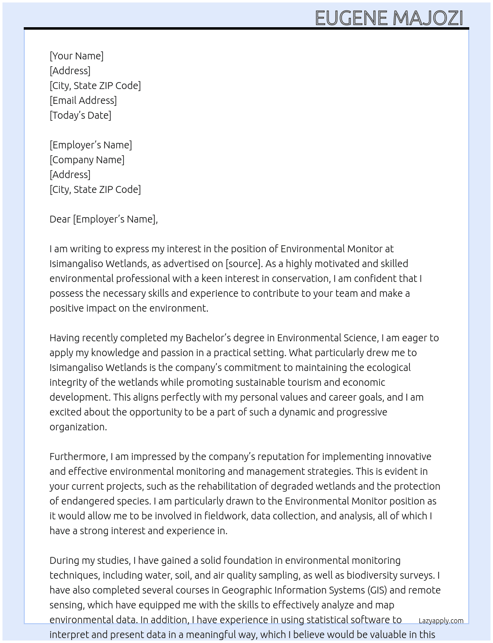 Environmental Monitor At Isimangaliso wetlands  Cover Letter