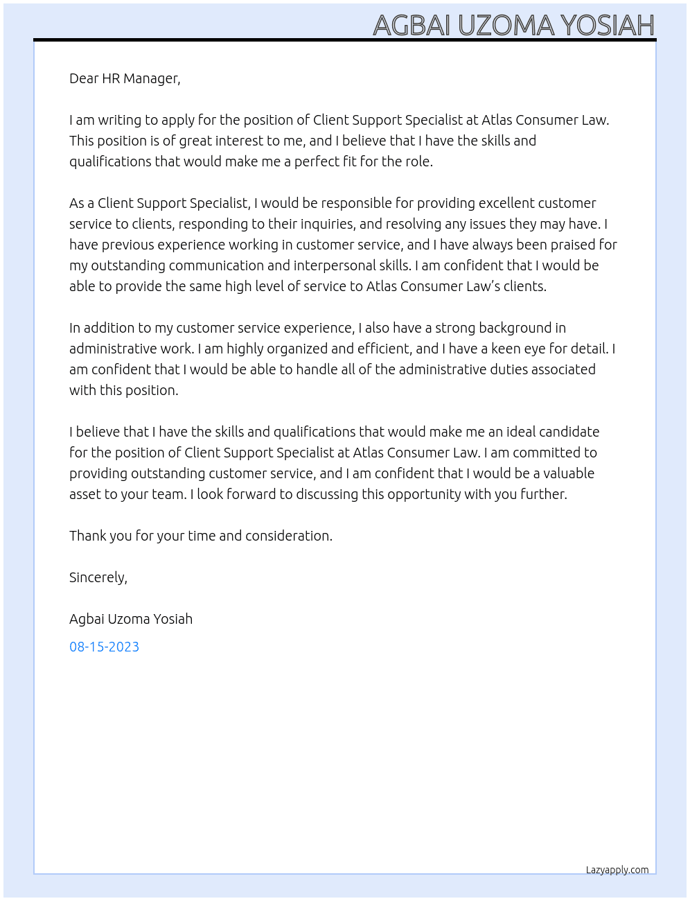 Client Support Specialist At Atlas Consumer Law Cover Letter