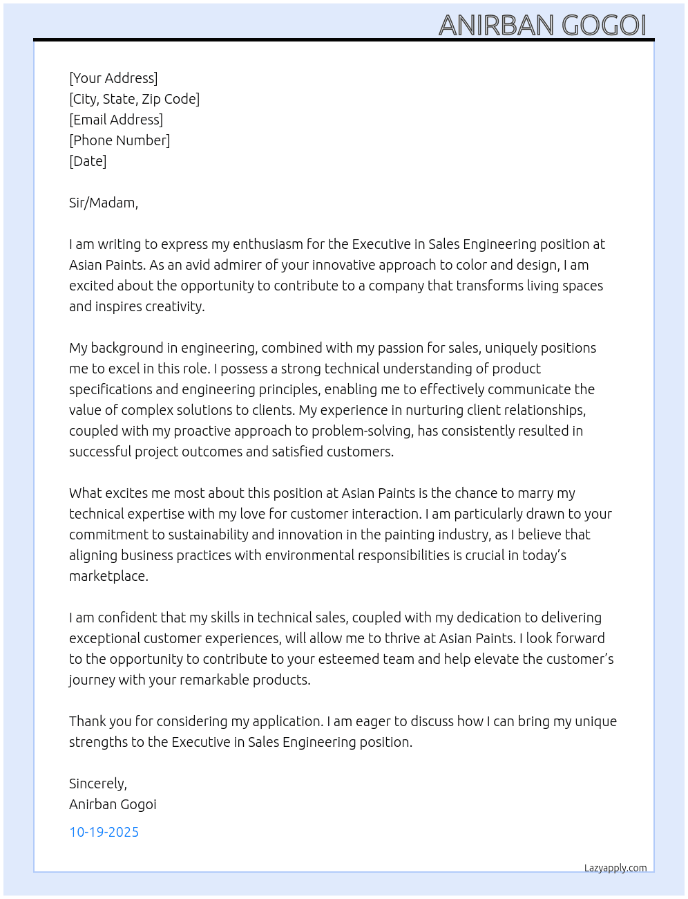 Cover letter for executive n sales engineering - LazyApply