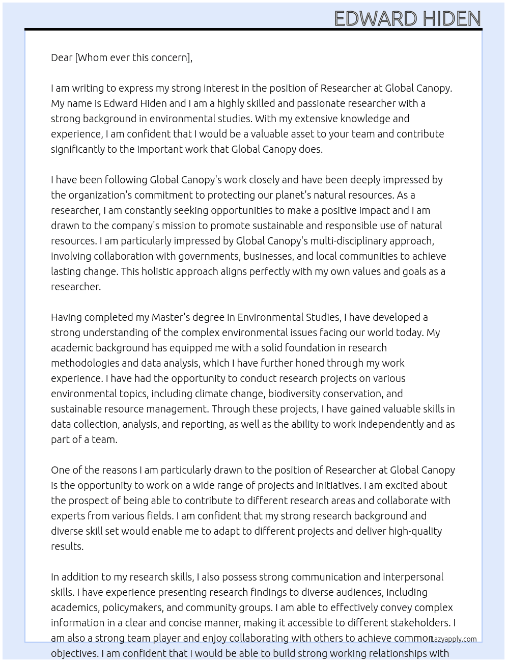 Researcher At Global Canopy Cover Letter
