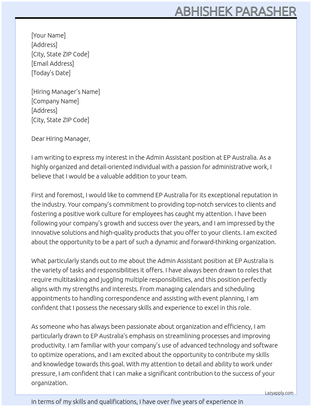 Admin Assistant At EP Australia Cover Letter